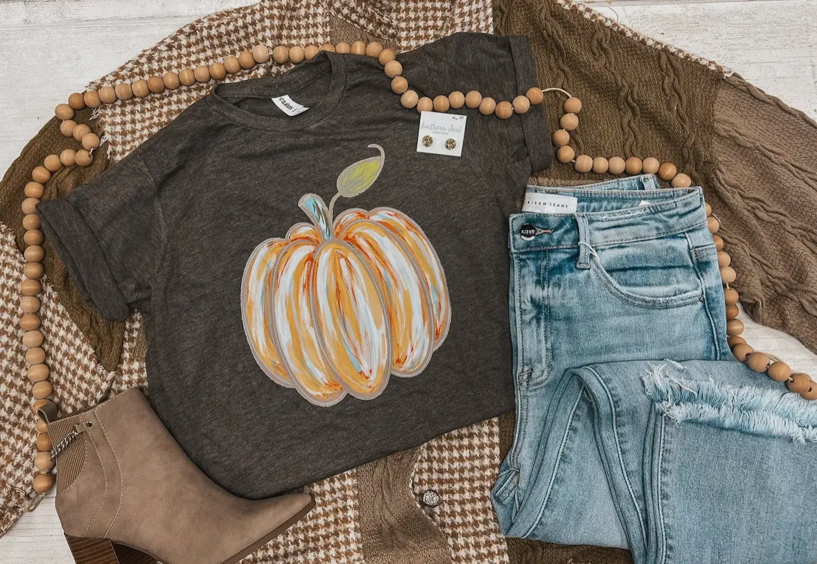 Watercolor Pumpkin Graphic Tee, Heather Brown