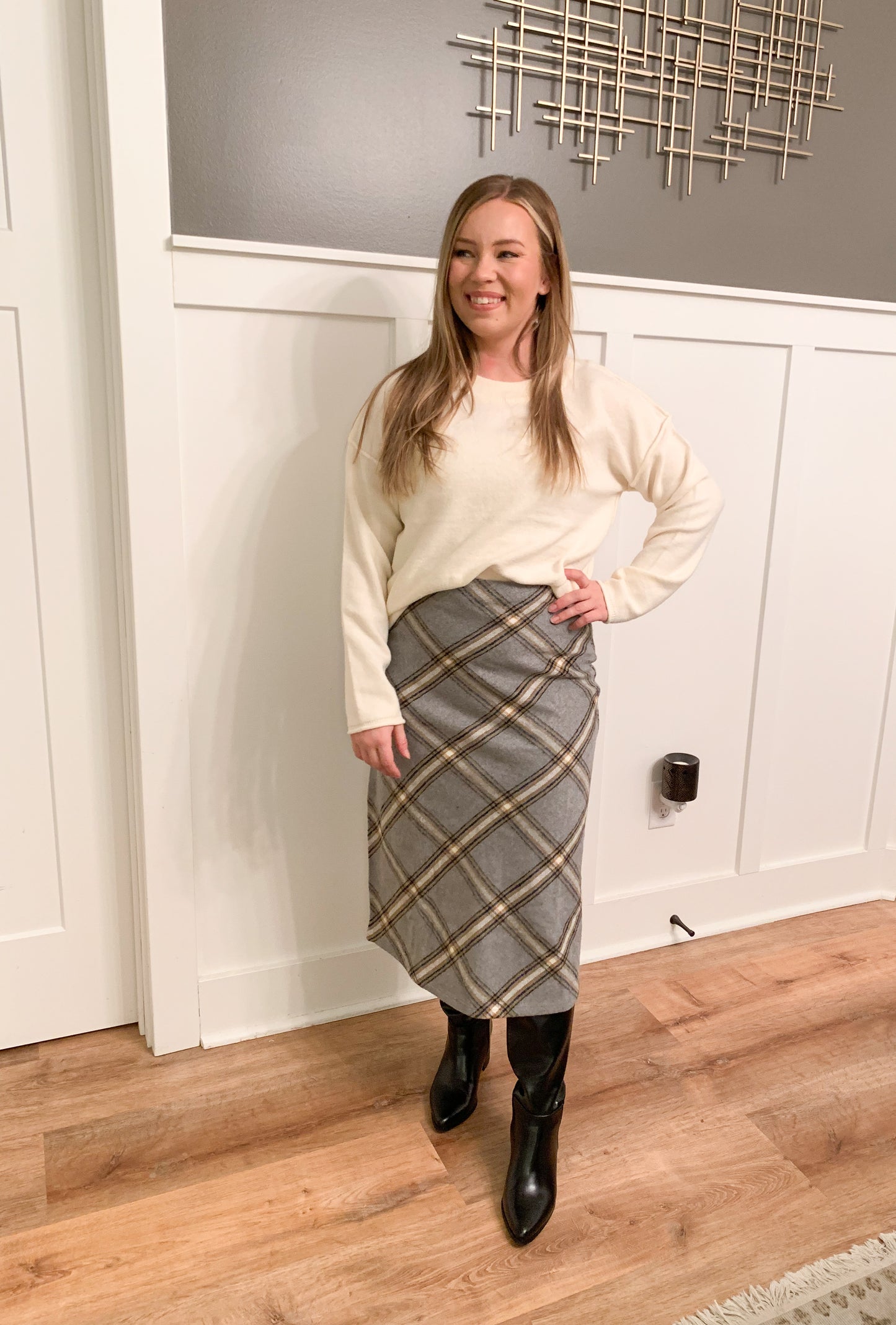 Lex Plaid Midi Skirt, Charcoal