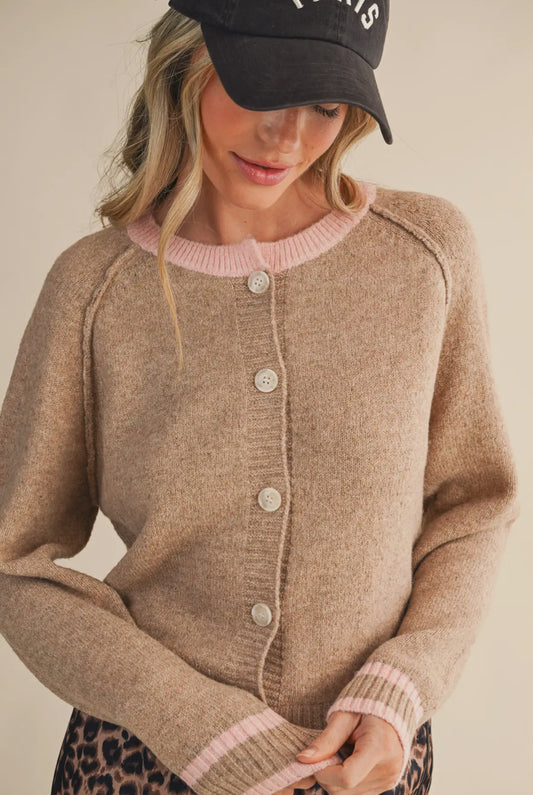 Crissi Two Tone Sweater Cardigan, Beige / Pink