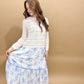 Celine Floral Smocked Sweetheart Ruffle Trim Midi Dress, Blue / White
