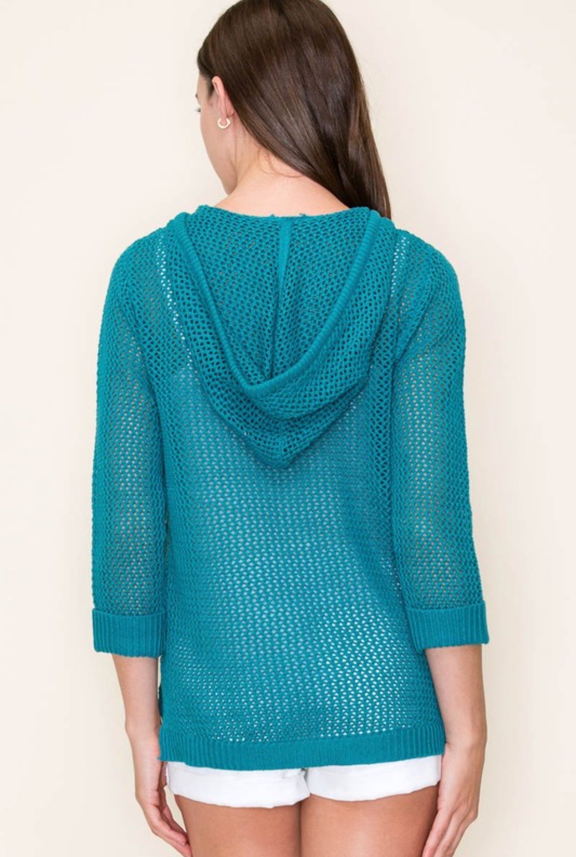 Stormi Crochet Hoodie Sweater, Teal