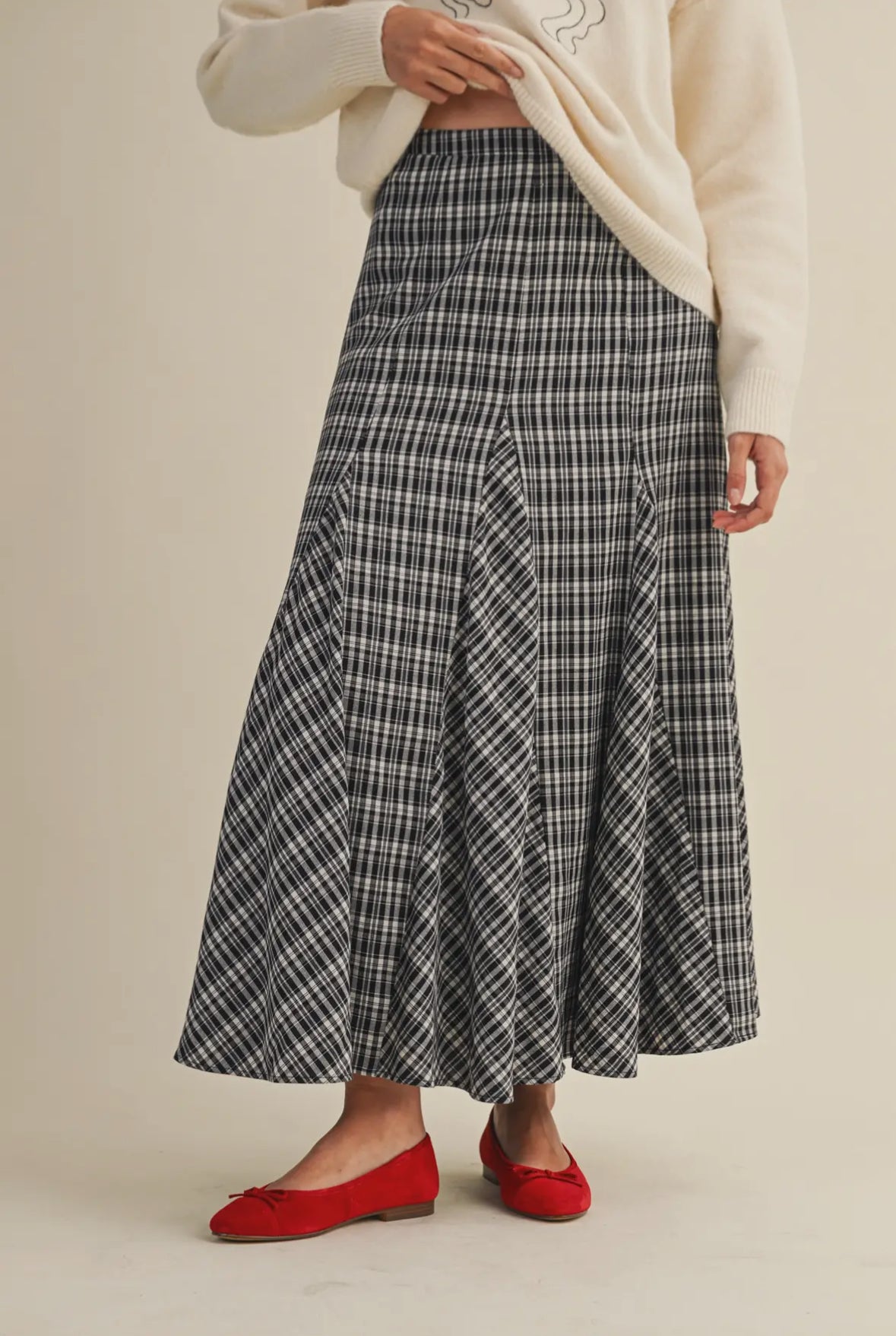Jinger Plaid Godet Maxi Skirt, Black