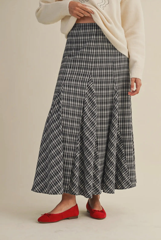 Jinger Plaid Godet Maxi Skirt, Black