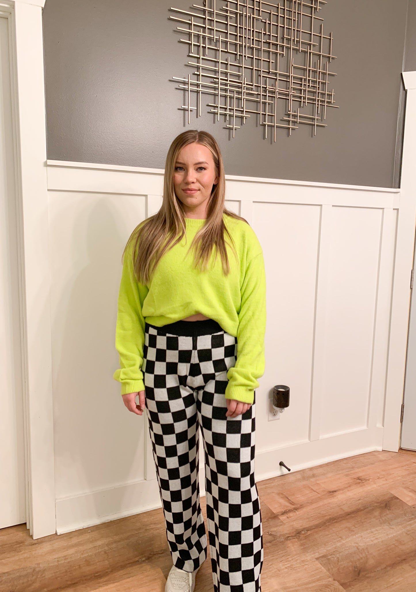 Kelse Checkered Knit Pants, Black