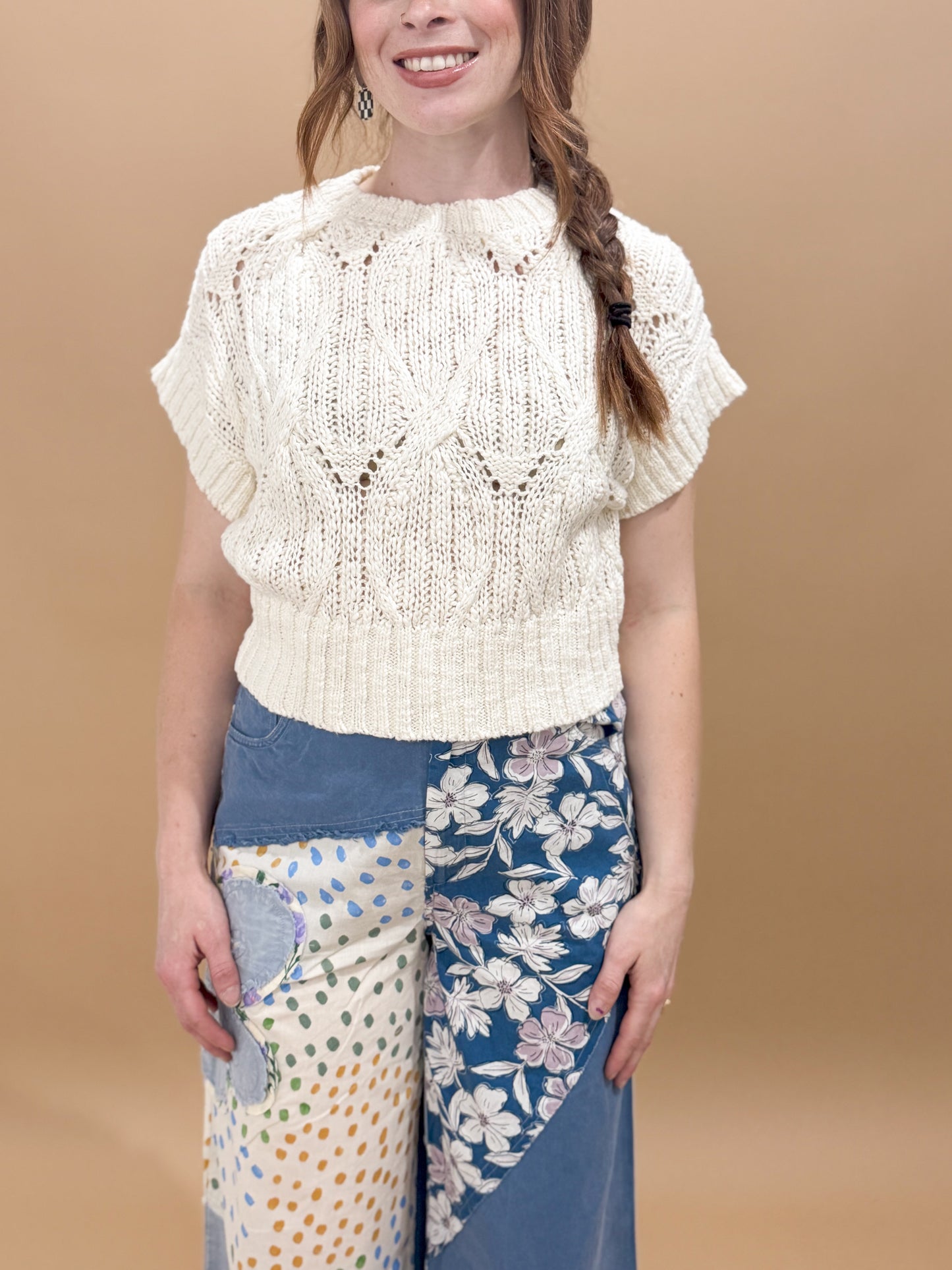 Yazzie Cable Knit Short Sleeve Sweater Top, Oatmeal