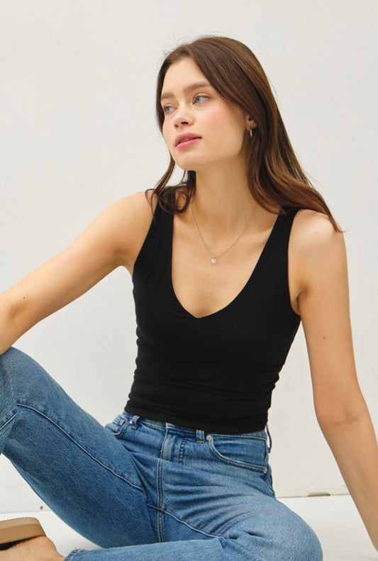 Bella V-Neck Jersey Tank, Black