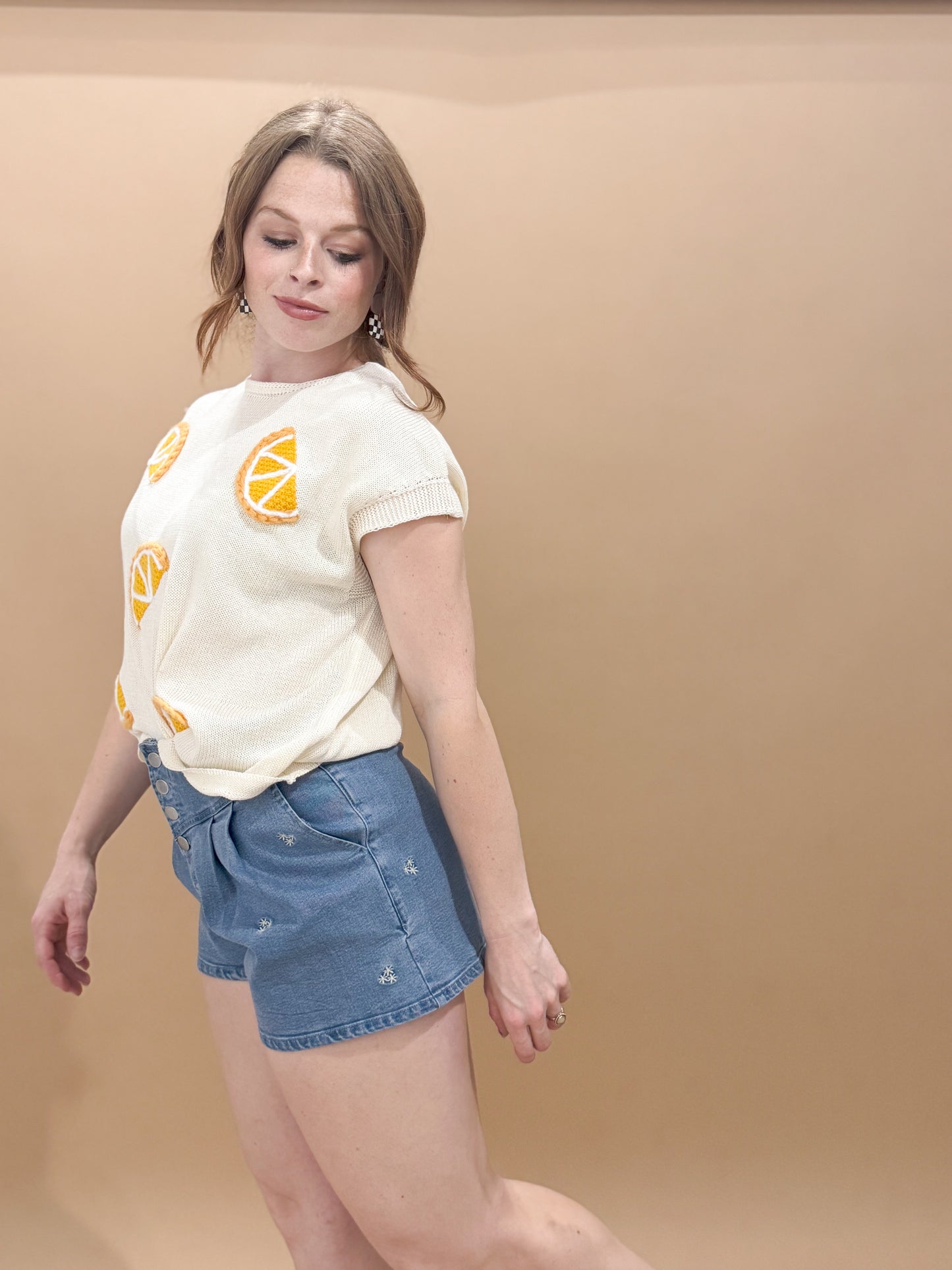 Lindy Round Neck Sleeveless Lemon Patch Knit Top, Cream