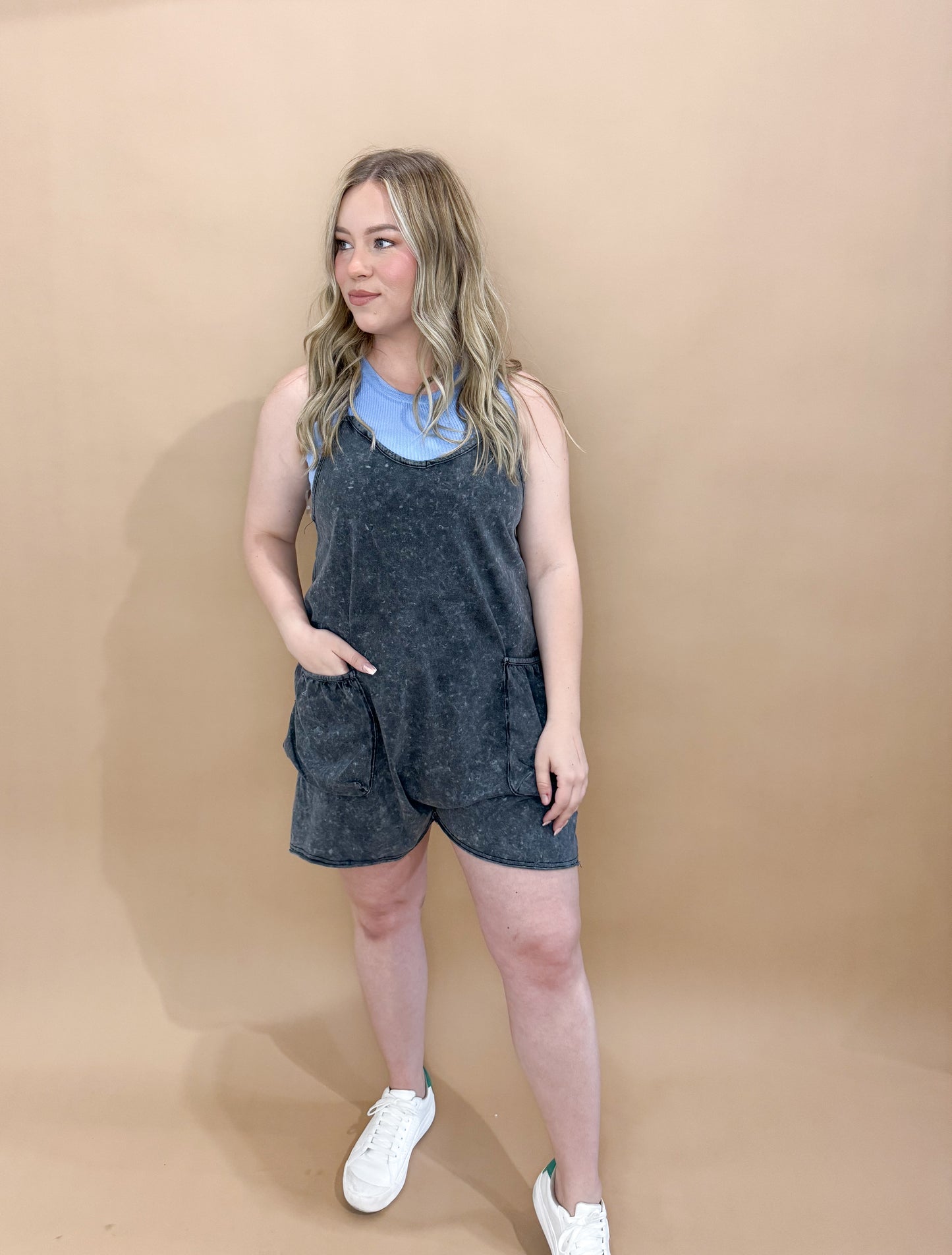 Jax Slouchy Tank Romper, Black