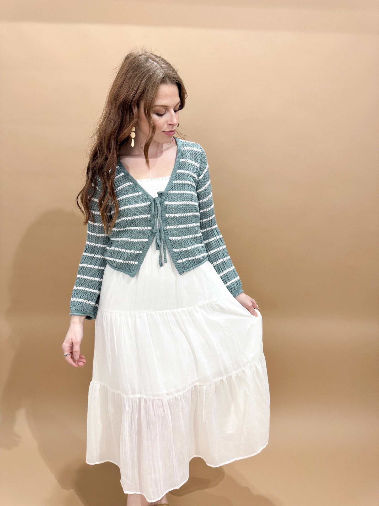 Kyleigh Lined Midi Dress with Smocked Bodice, White