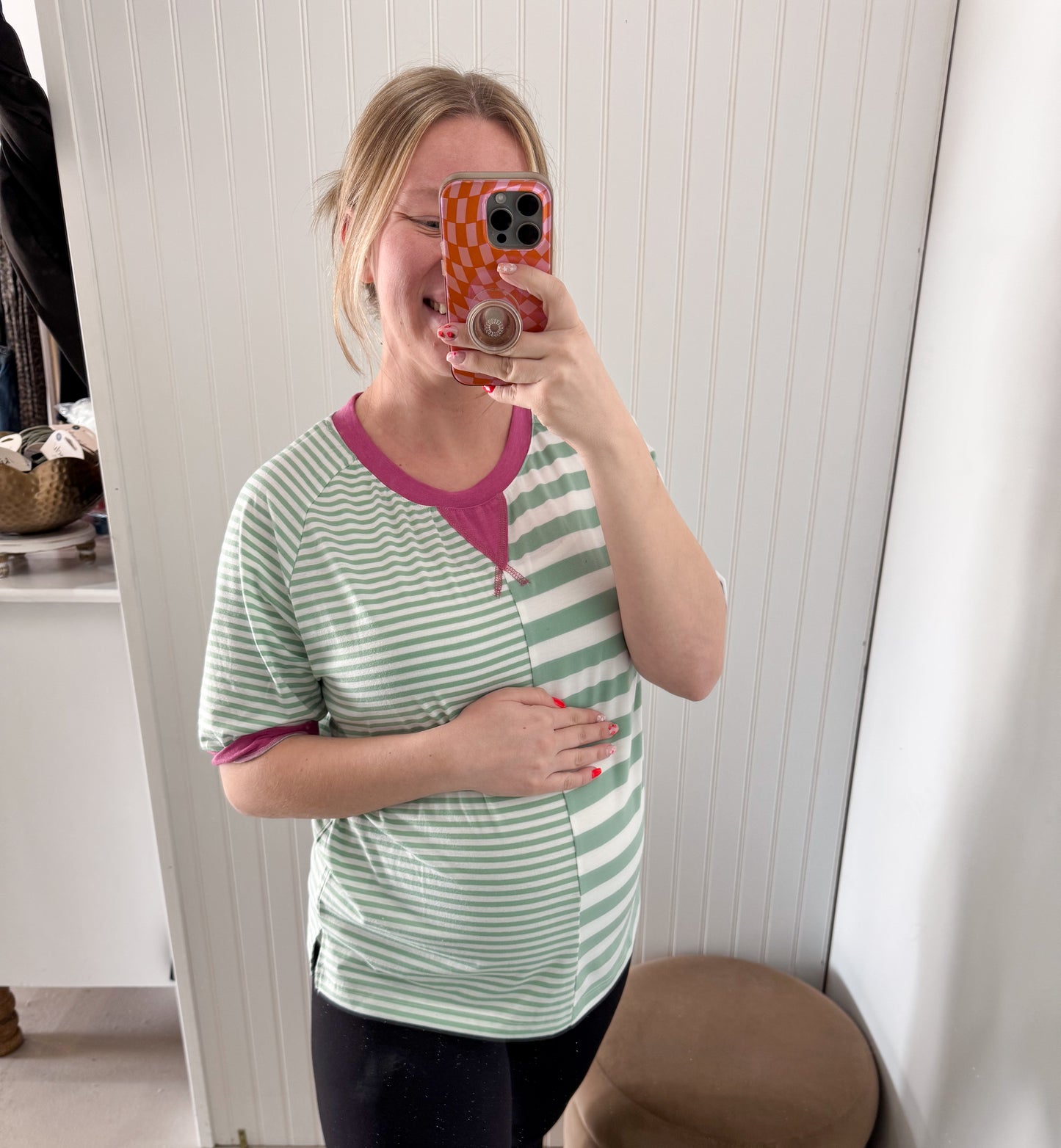 Neva Striped Color Block Half Sleeve Top, Dark Mint