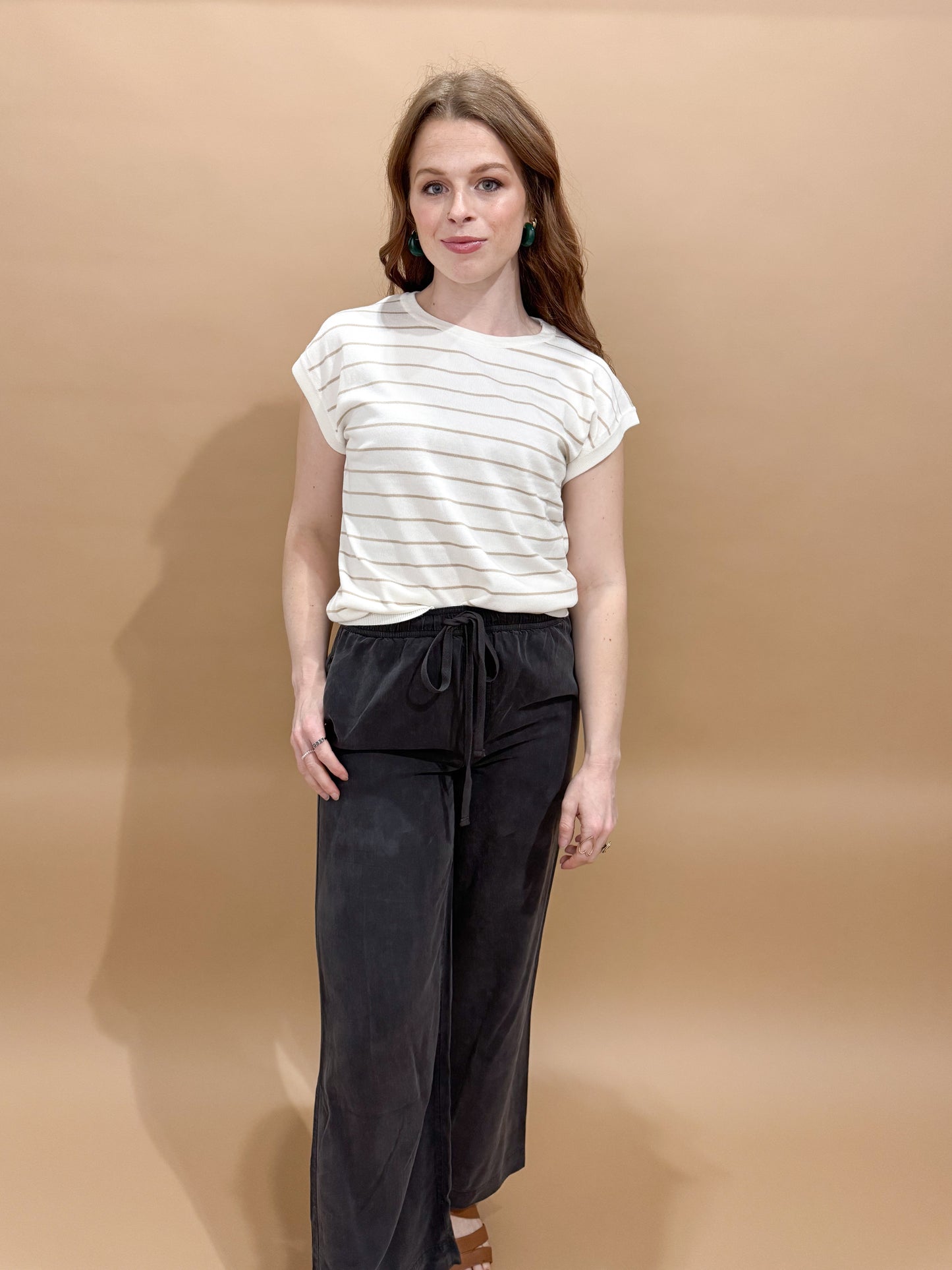 Sedona Striped Crewneck Short Sleeve Sweater, Ivory/Taupe