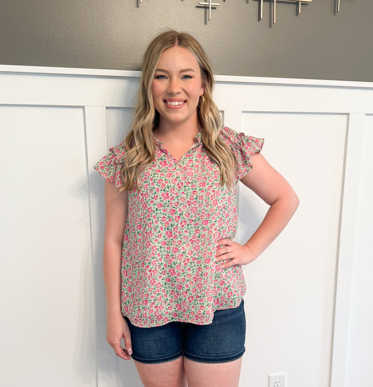 Braylee Floral Chiffon Flutter Sleeve Blouse, Green