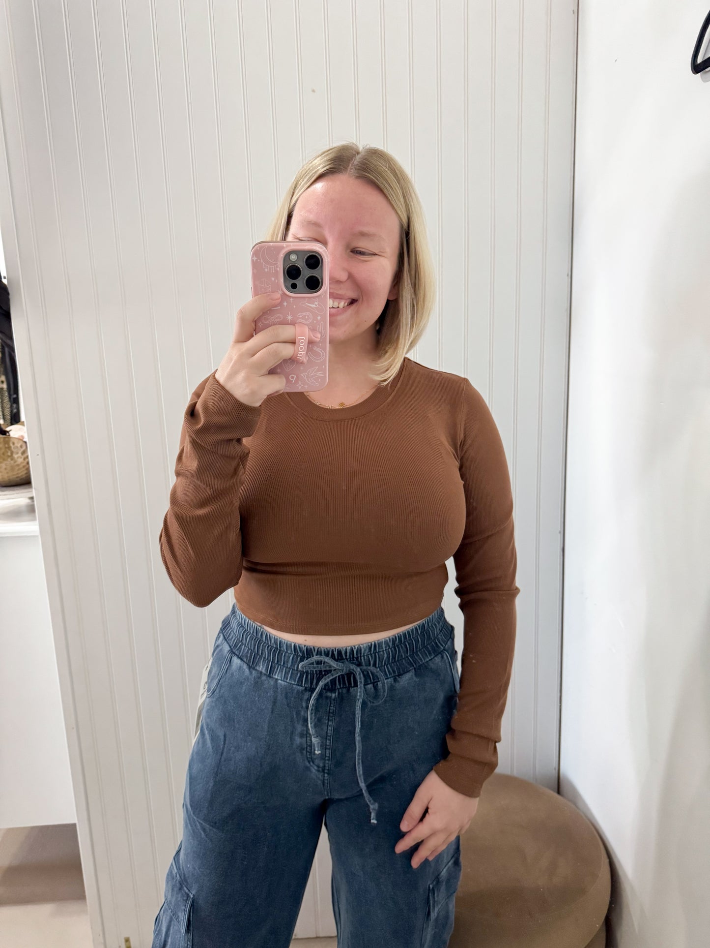 Vanessa Essential Micro-Rib Cropped Long Sleeve Athleisure Top, Cocoa Dust