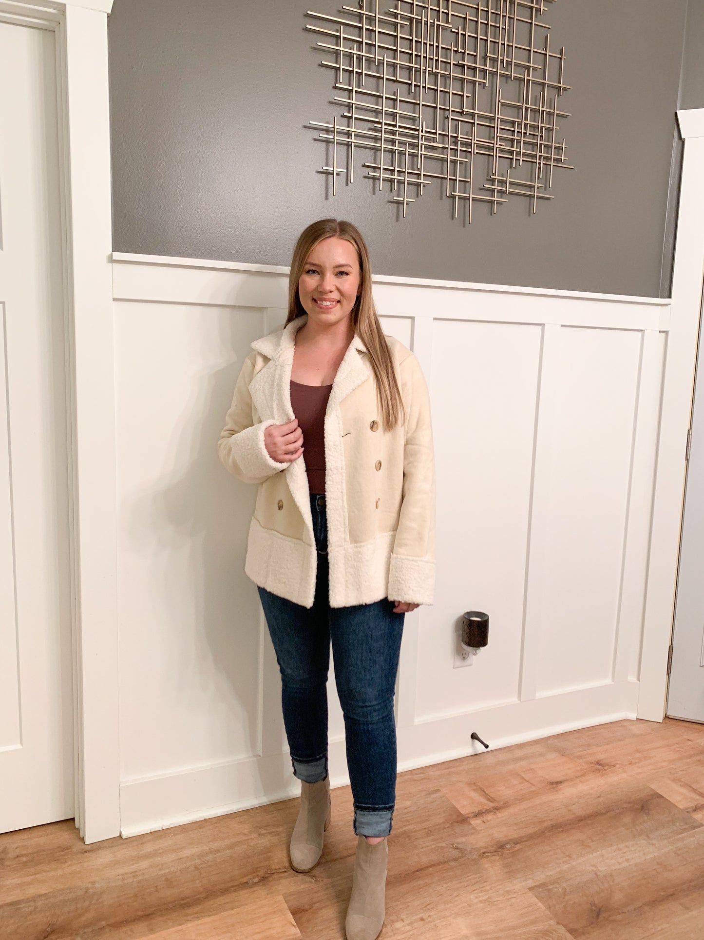 Warmin' Up Suede Button Up Coat, Beige