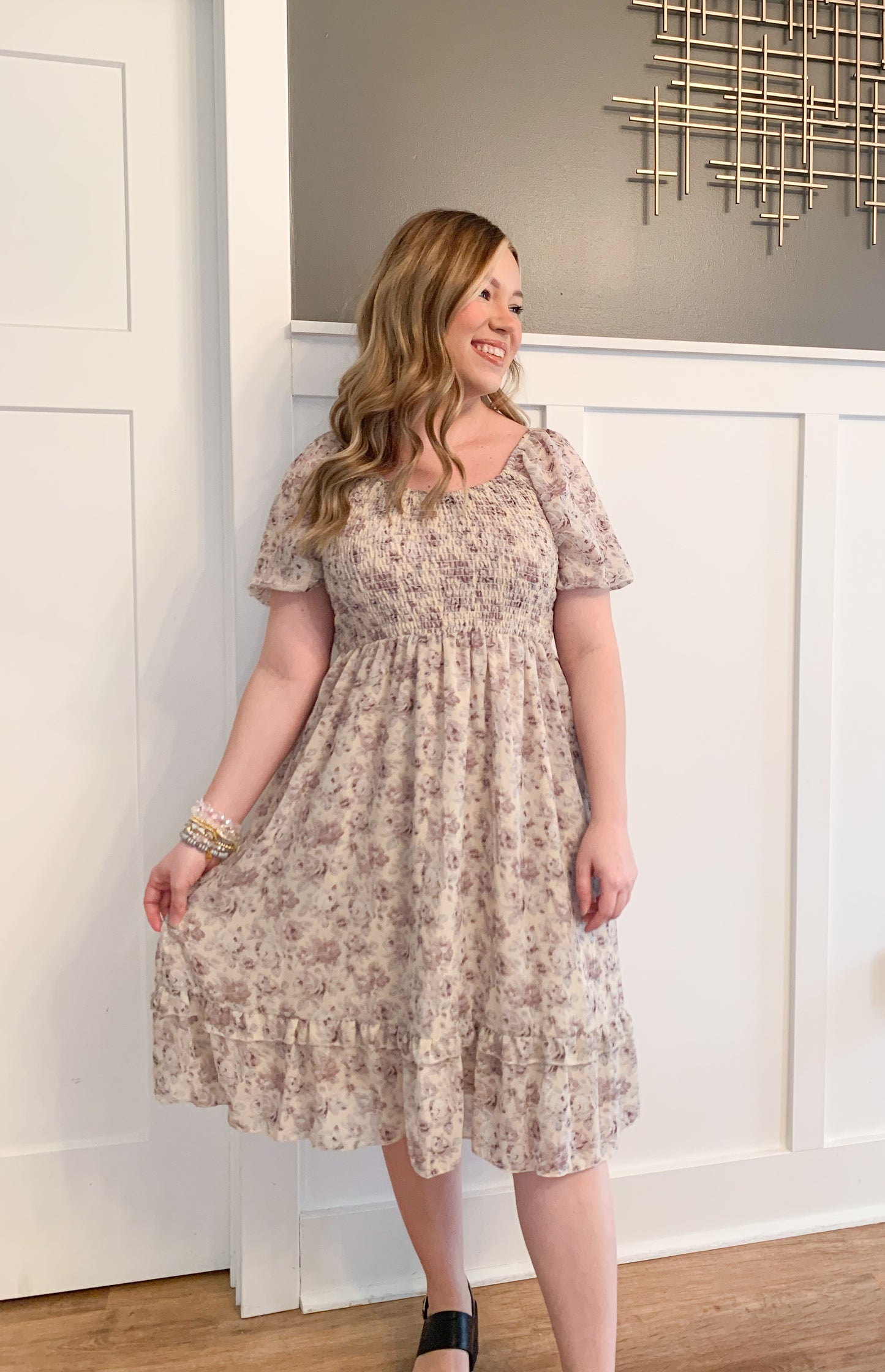 Lennon Floral Tea Length Dress, Whisper Gray