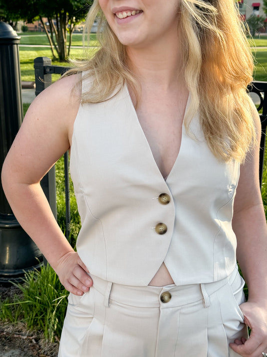 Demi Button Down Tailored Vest, Oatmeal