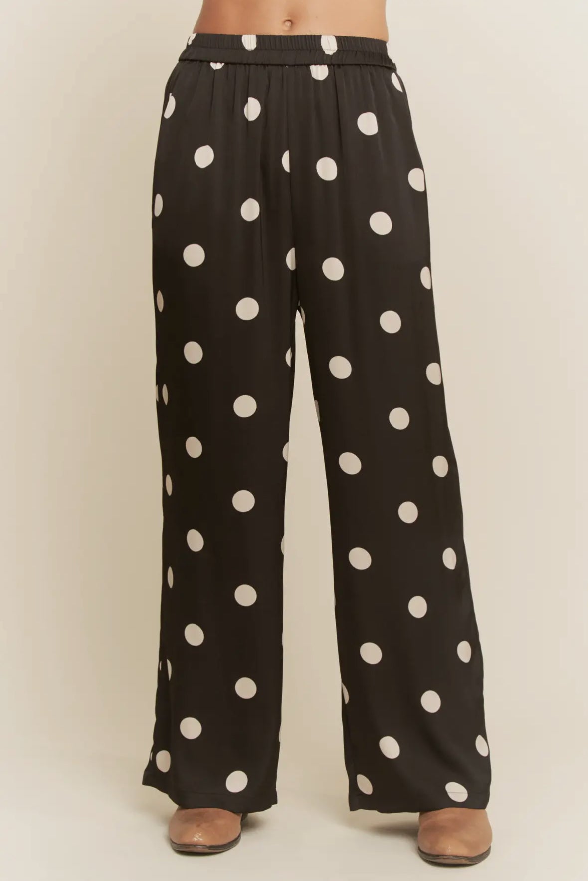 Wide Leg Satin Polka Dot Pants, Black w/ White Dots