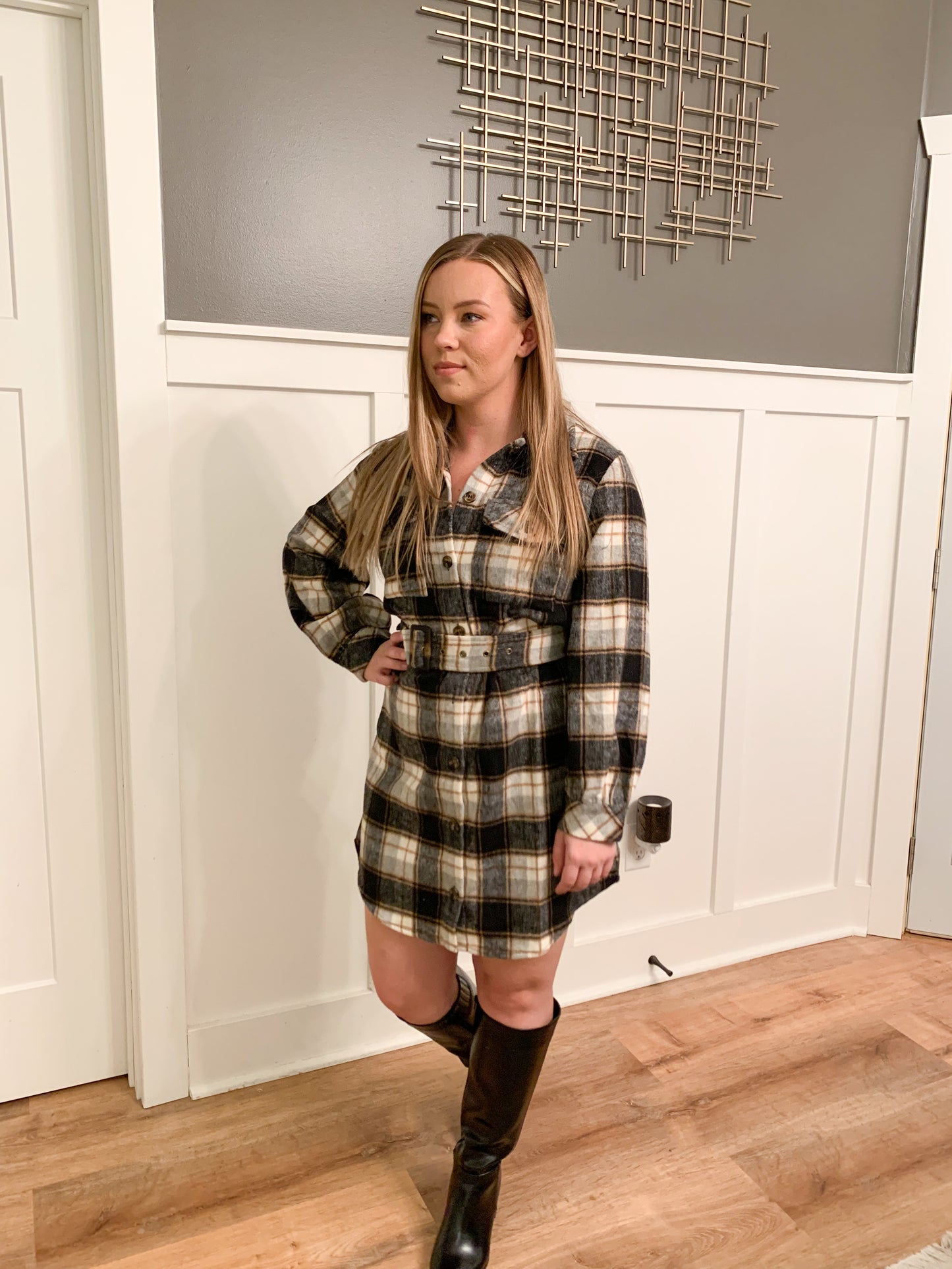 Danica Flannel Belted Mini Dress, Black