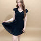 Lyla V-neck Short Sleeve Ruffle Detail Shirred Mini Dress, Black