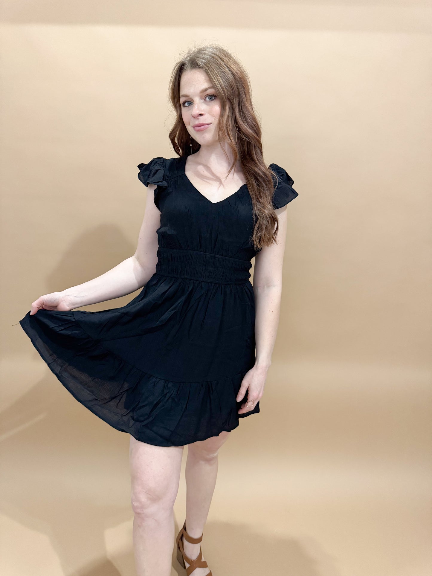 Lyla V-neck Short Sleeve Ruffle Detail Shirred Mini Dress, Black