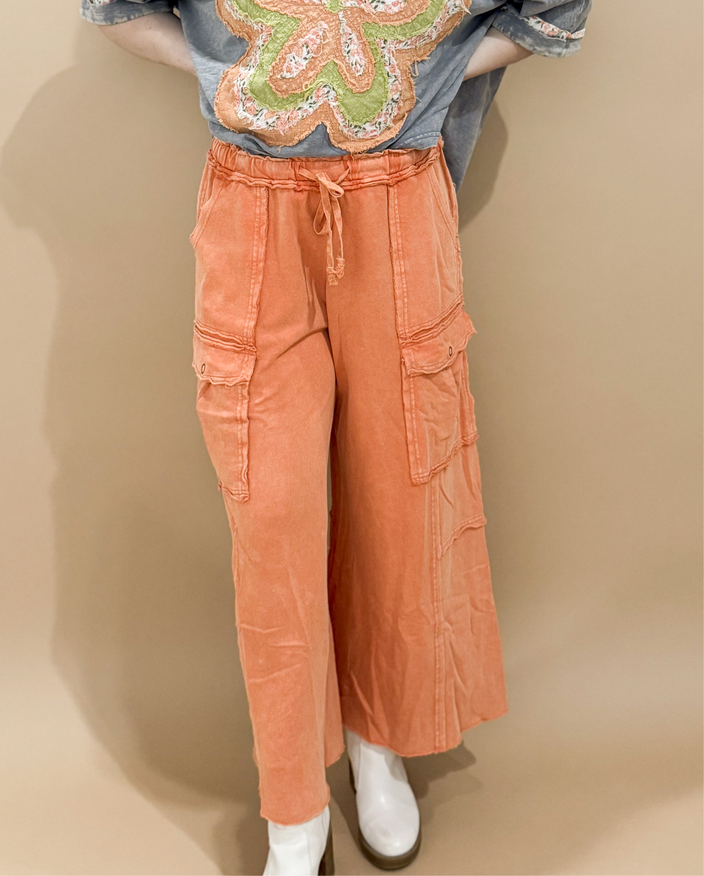 Finleigh Mineral Washed Wide Leg Cargo Lounge Pants, Faded Rust