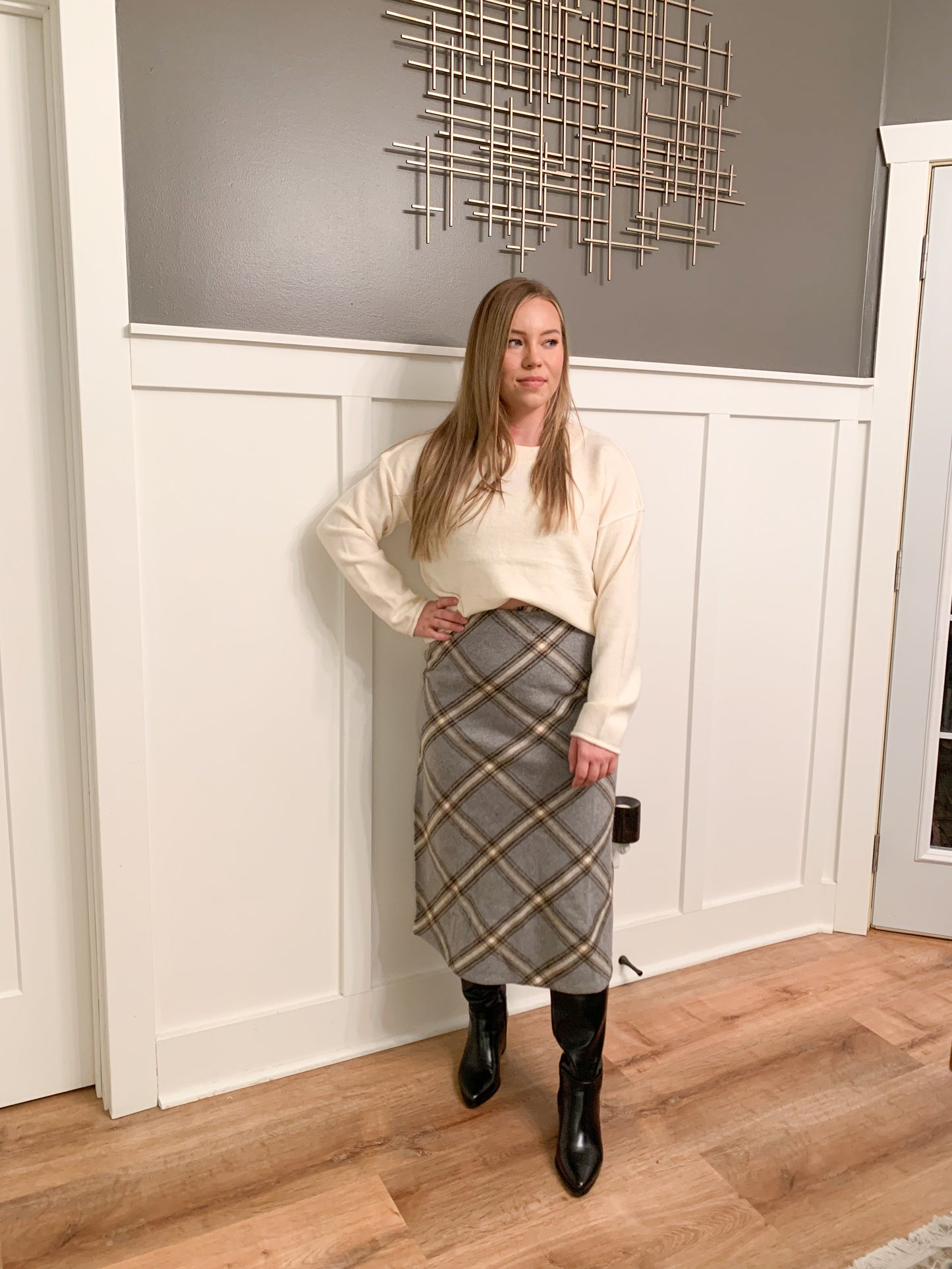Lex Plaid Midi Skirt, Charcoal