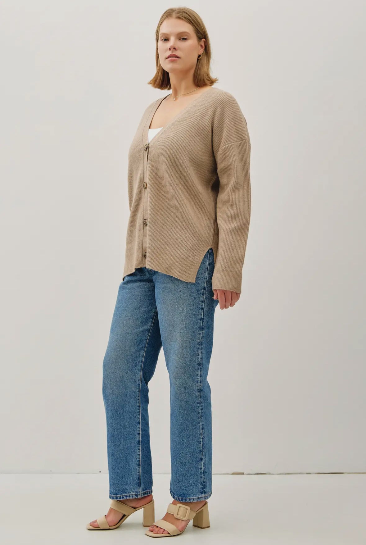 Opal V-Neck Button Down Ribbed Cardigan Plus, Mocha