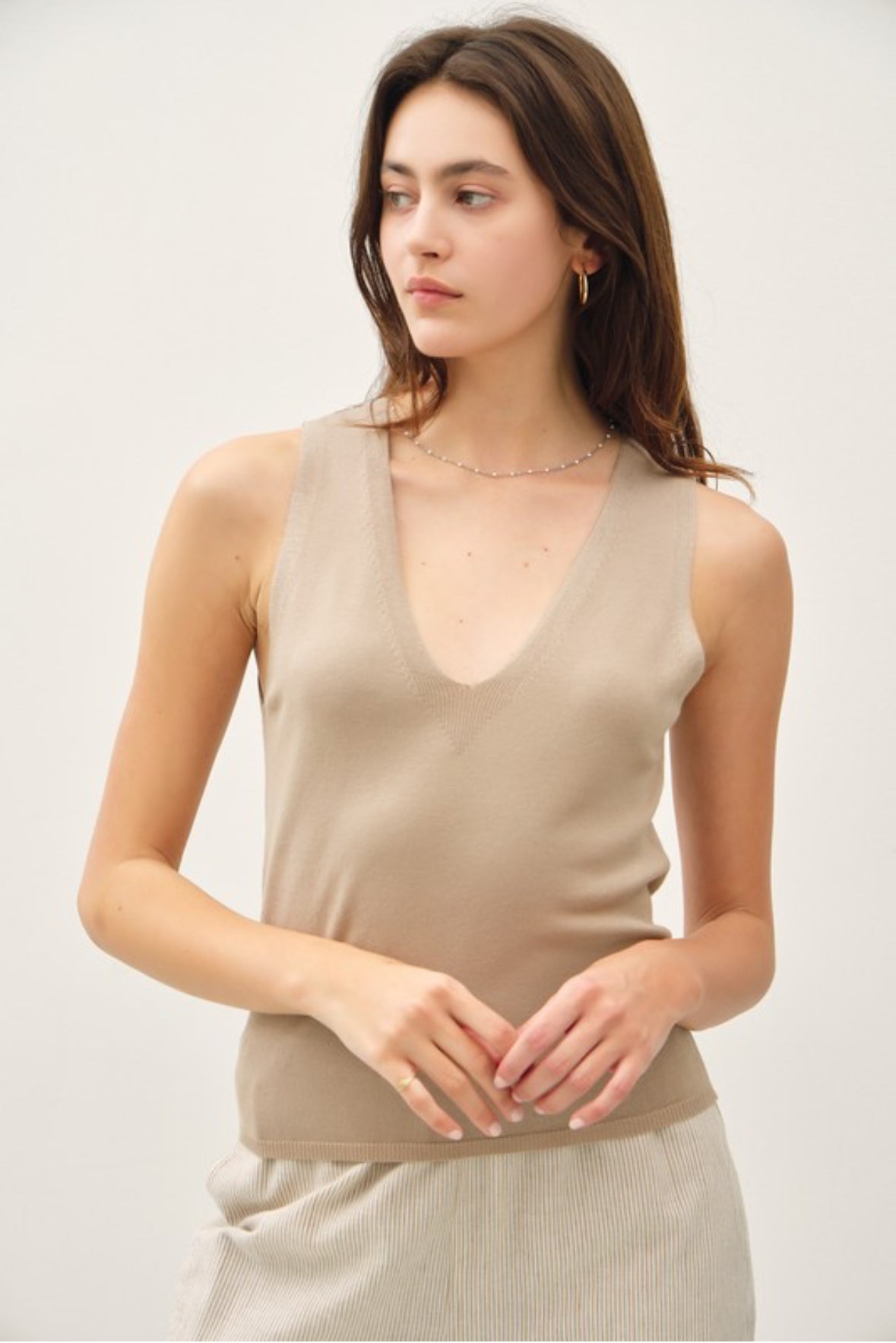 Lillian V-Neck Classic Knit Tank Top, Mocha
