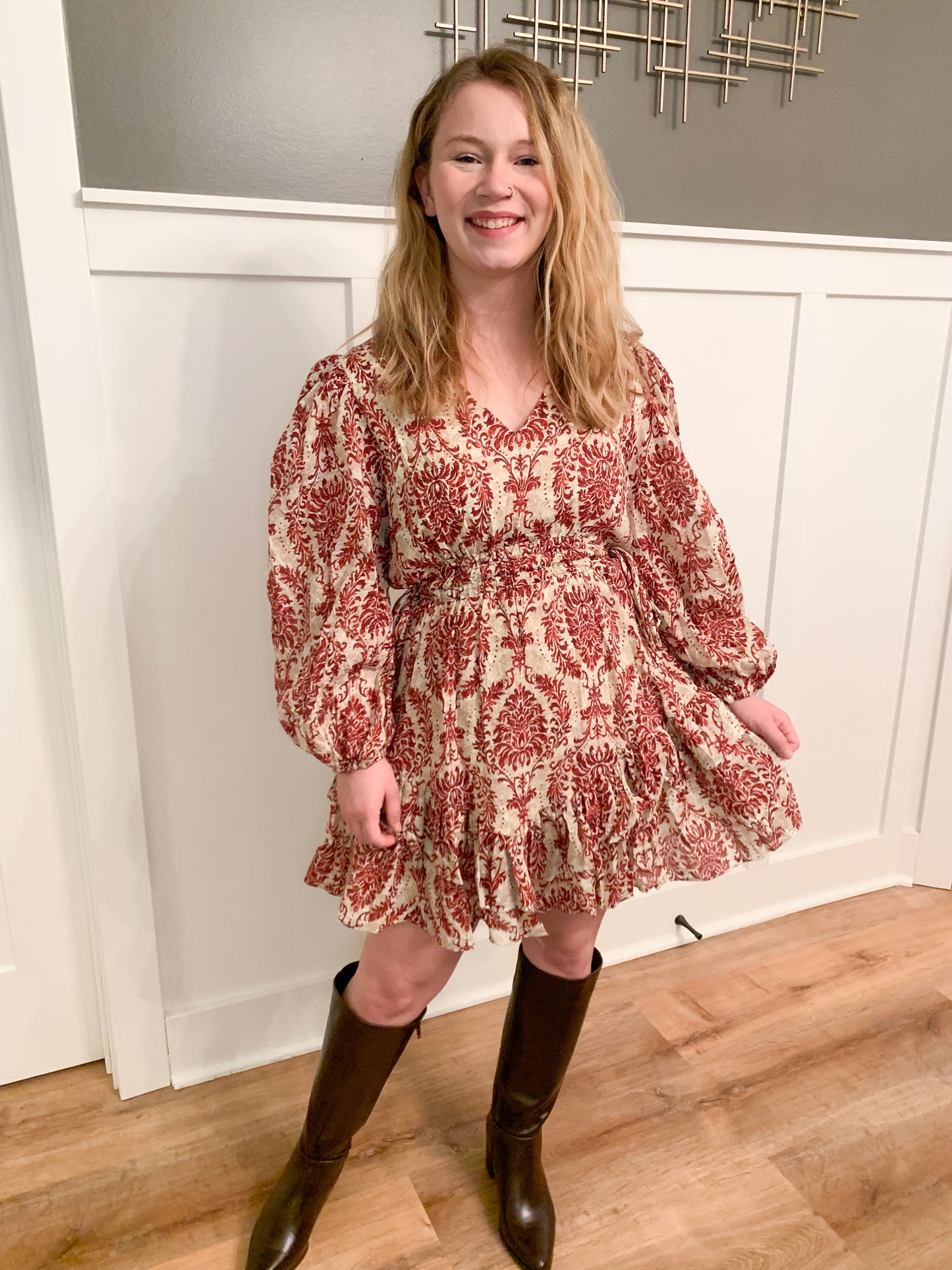 Jane Pattered Red Babydoll Dress, Taupe/Red