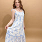 Celine Floral Smocked Sweetheart Ruffle Trim Midi Dress, Blue / White