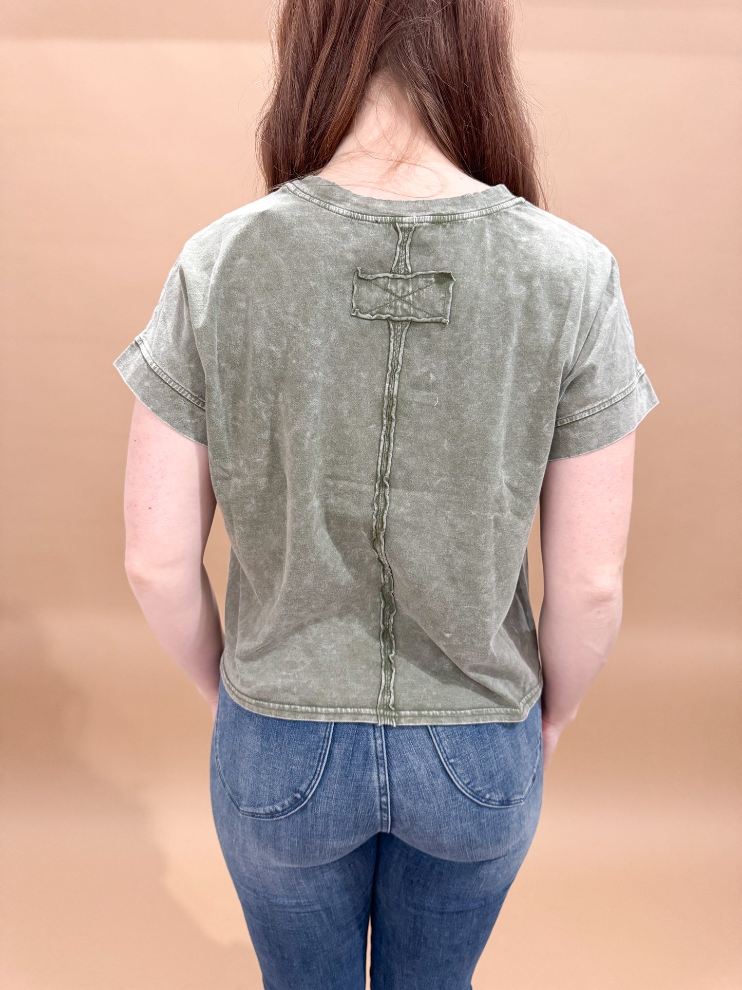Eden Round Neck Mineral Wash Back Seam Detail Short Sleeve Top, Olive