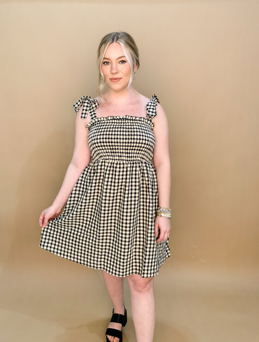 Kinley Gingham Smocked Dress, Black/Tan