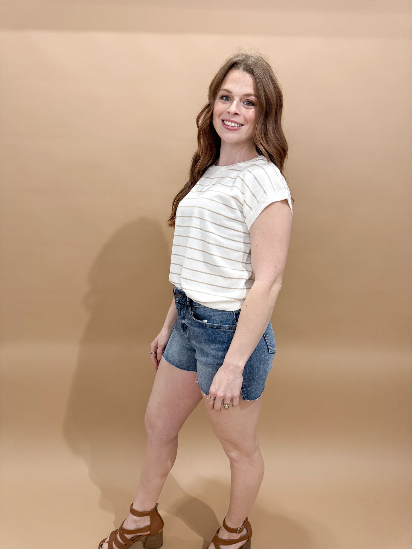 Sedona Striped Crewneck Short Sleeve Sweater, Ivory/Taupe