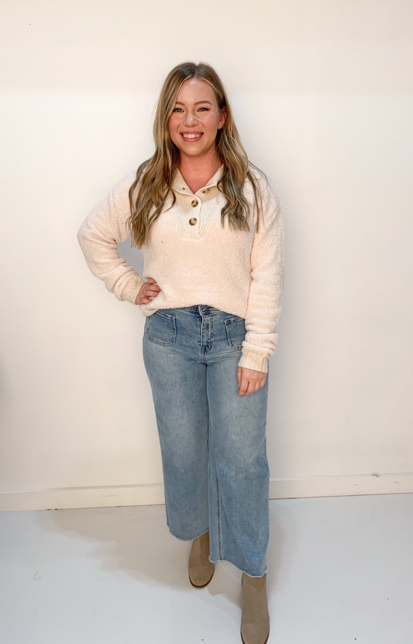 Rowan Button Cozy Sweater, Ivory
