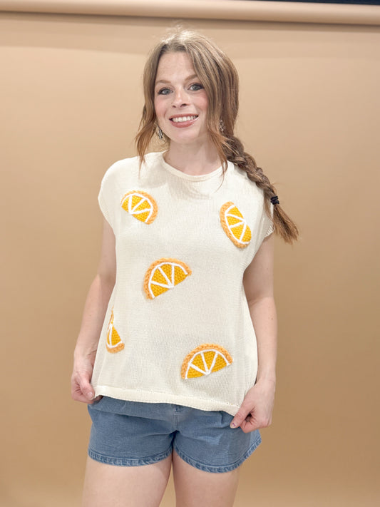 Lindy Round Neck Sleeveless Lemon Patch Knit Top, Cream