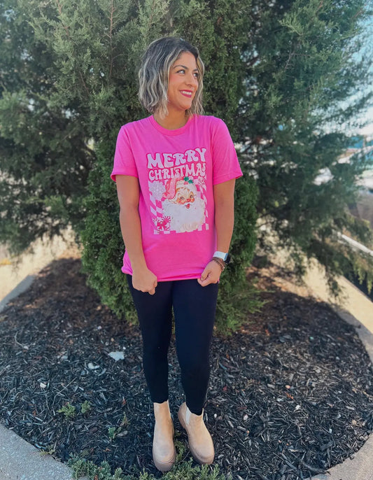 Merry Christmas Santa Graphic Tee, Pink