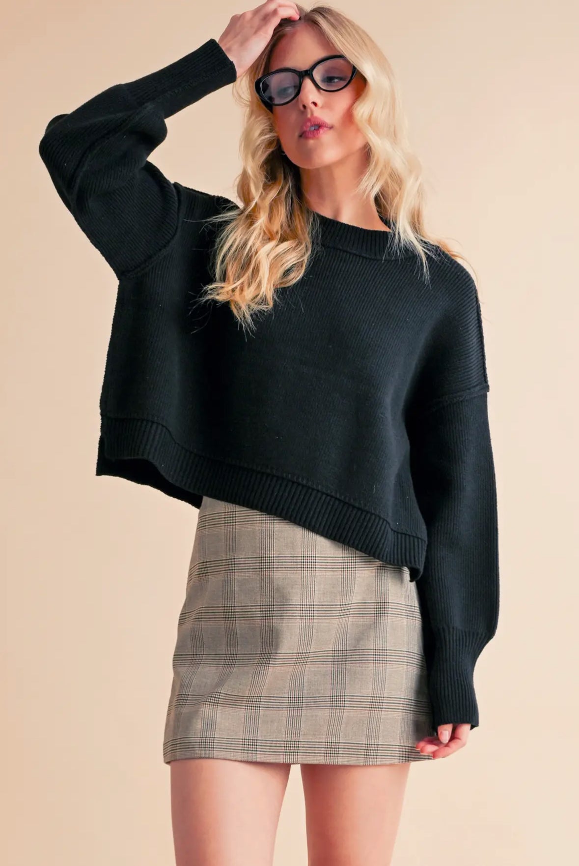 Regina Pullover Cropped Boxy Sweater, Black
