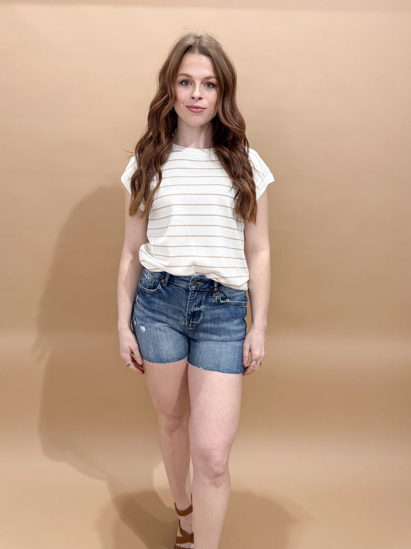 Sedona Striped Crewneck Short Sleeve Sweater, Ivory/Taupe