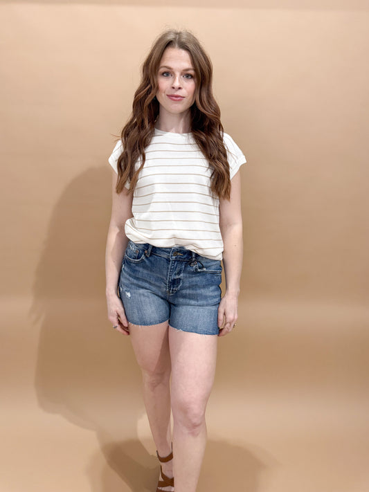 Sedona Striped Crewneck Short Sleeve Sweater, Ivory/Taupe