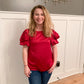 Avery Satin Fall Drape Sleeve Detail Blouse, Ruby