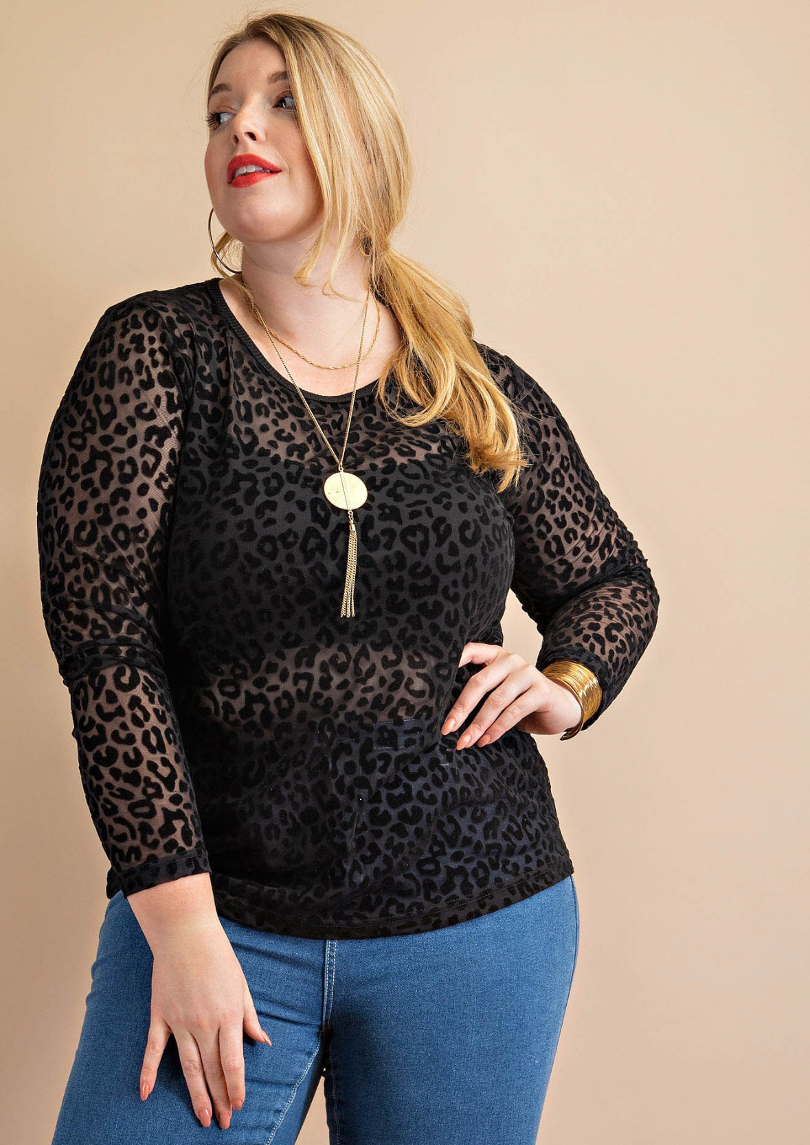 Animal Print Velvet Burnout Long Sleeve Top, Black
