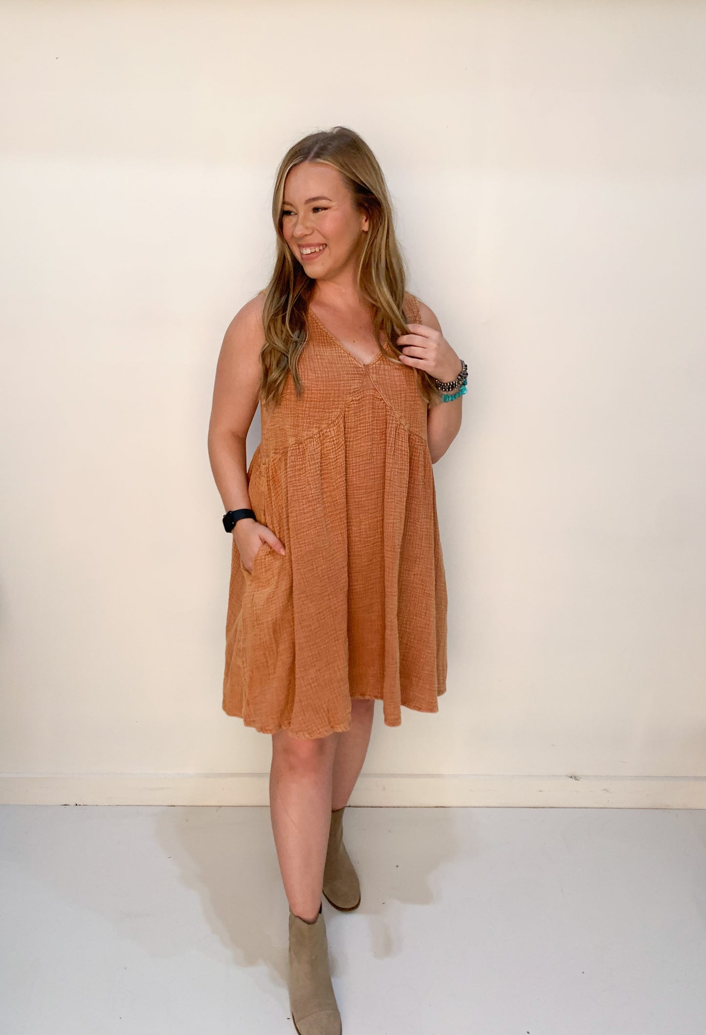 Cornelia Mineral Washed Gauze V-Neck Dress, Sienna