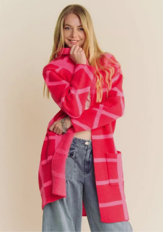 Brooklyn Bold Lines Open Front Cardigan, Pink / Red