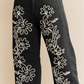 Liz Corded Floral Embroidered Barrel Pants, Black Denim