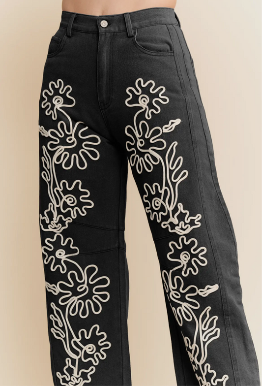 Liz Corded Floral Embroidered Barrel Pants, Black Denim