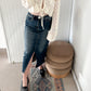 Lindy Dark Wash Midi Skirt with Front Slit, Mica Denim