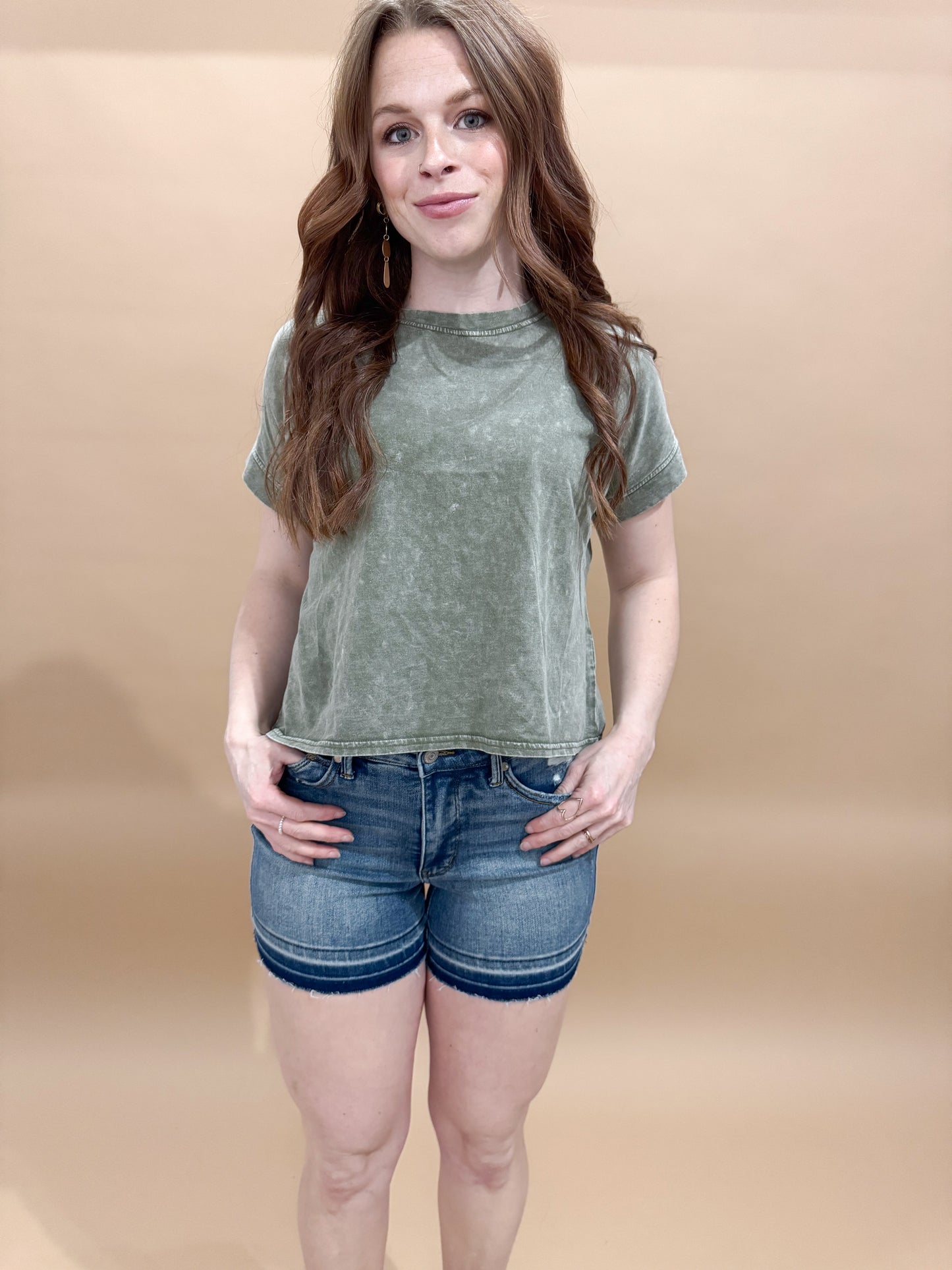 Eden Round Neck Mineral Wash Back Seam Detail Short Sleeve Top, Olive
