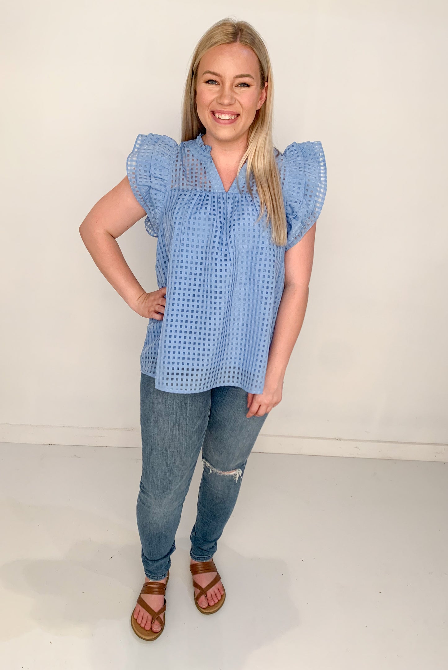 Kristen V-Neck Ruffle Organza Babydoll Blouse, Ocean