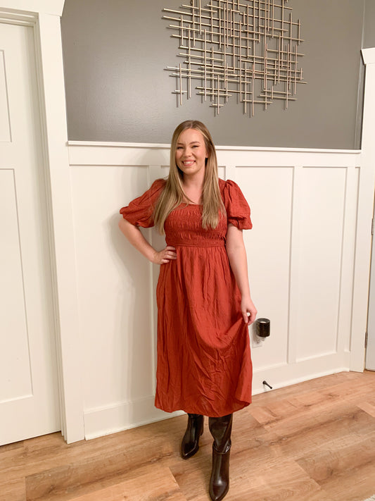 Sierra Smocked Midi Dress with Crinkle Fabric, Rust