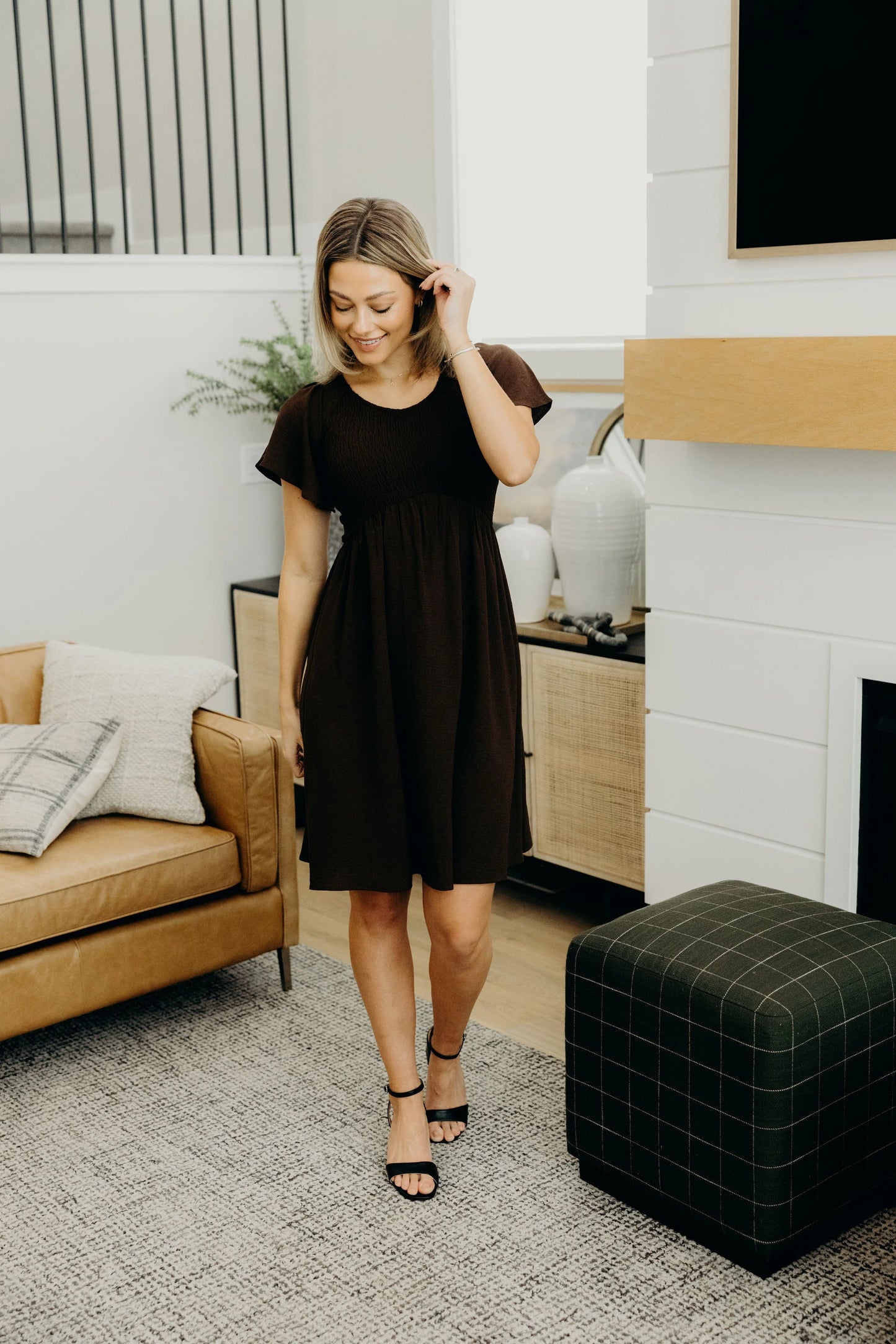 Liv Smocked Top Midi Dress, Raisin